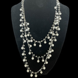 Vintage Three Strand Faux Pearl Rhinestone Dangle Shimmer Necklace Silver Tone